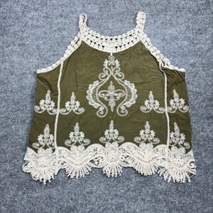 Ultra Pink Olive Green Embroidered Lace Trim Tank Top Women's L Blouse